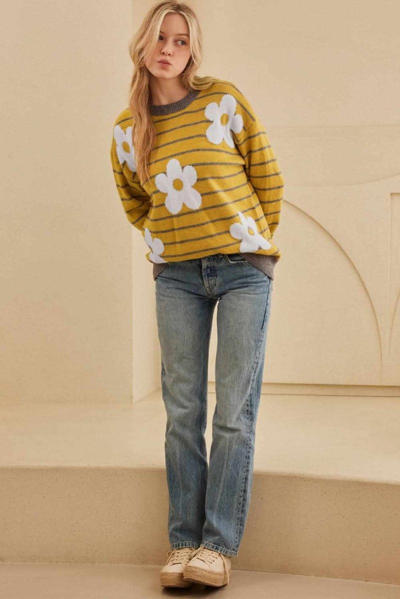 Flower Stripe Round Neck Long Sleeve Sweater - Love Salve 