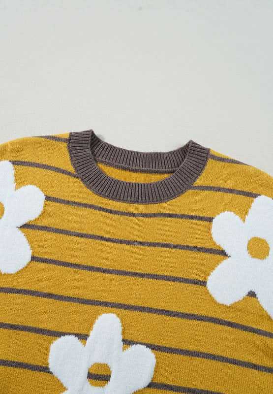 Flower Stripe Round Neck Long Sleeve Sweater - Love Salve 