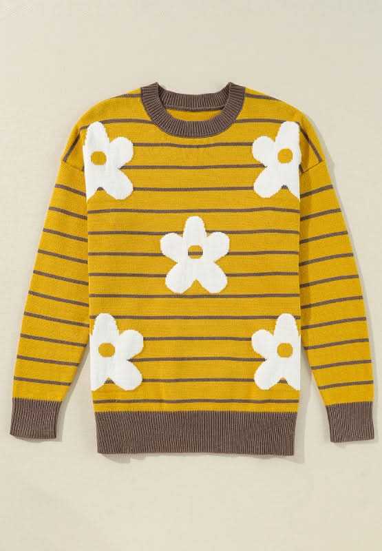 Flower Stripe Round Neck Long Sleeve Sweater - Love Salve 