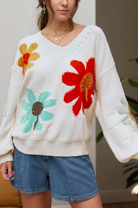 Flower V-Neck Dropped Shoulder Sweater - Love Salve 