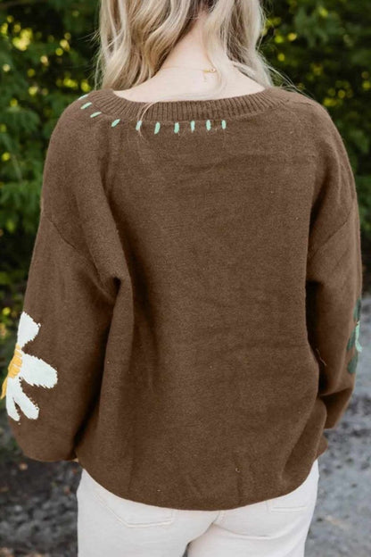 Flower V-Neck Dropped Shoulder Sweater - Love Salve 