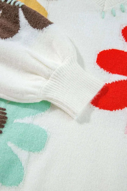 Flower V-Neck Dropped Shoulder Sweater - Love Salve 