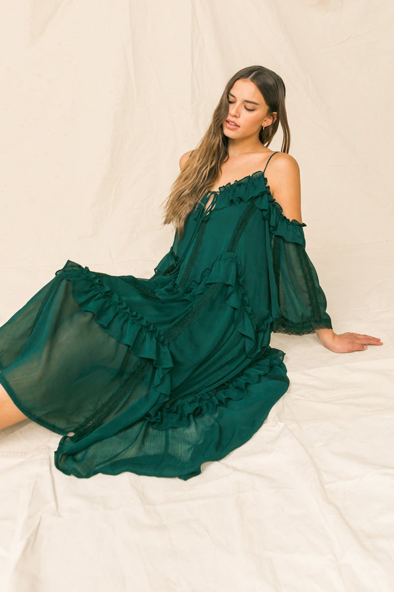 YOU'RE MINES STILL RUFFLED MIDI DRESS