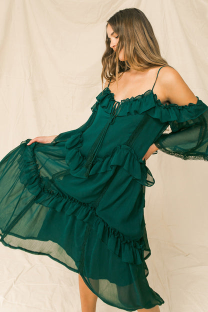 YOU'RE MINES STILL RUFFLED MIDI DRESS