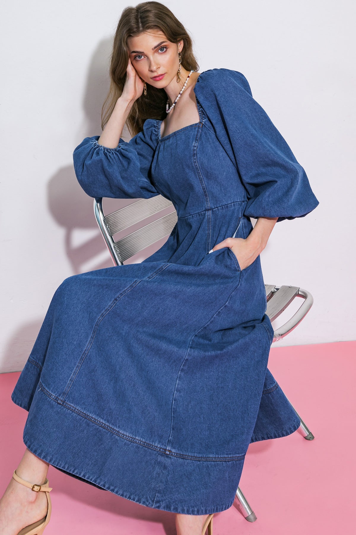 FEELIN'S GROOVY DENIM MIDI DRESS Flying Tomato
