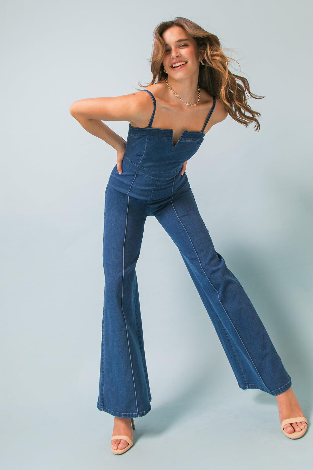 Flying Tomato Making Magic Denim Jumpsuit, presented from the back, revealing its thoughtful design and comfortable fit.