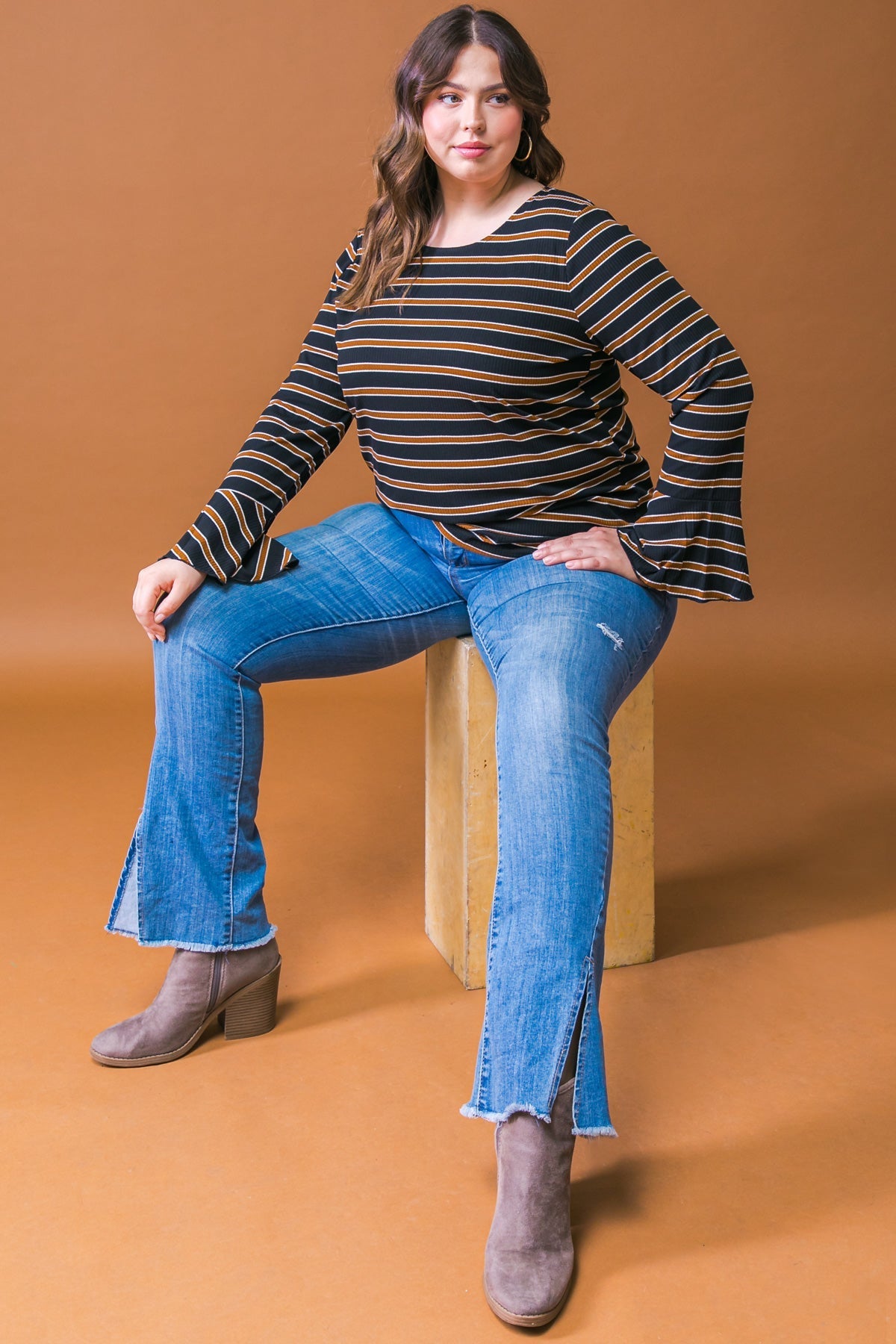 Here We Go Striped Ruffle Sleeve Top For Women Casual Everyday Wear Flying Tomato