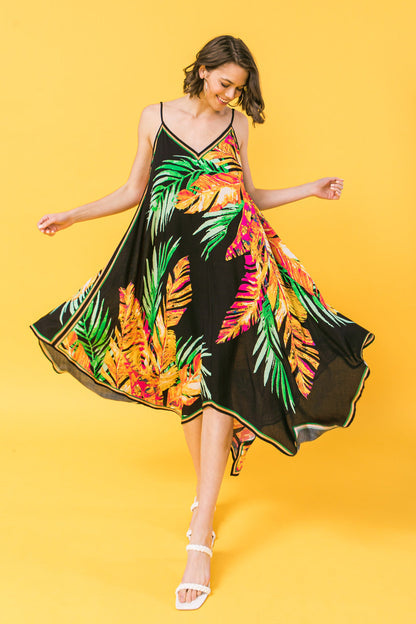 Tropical print Blooms Hanky Dress with unique hanky-style cut.