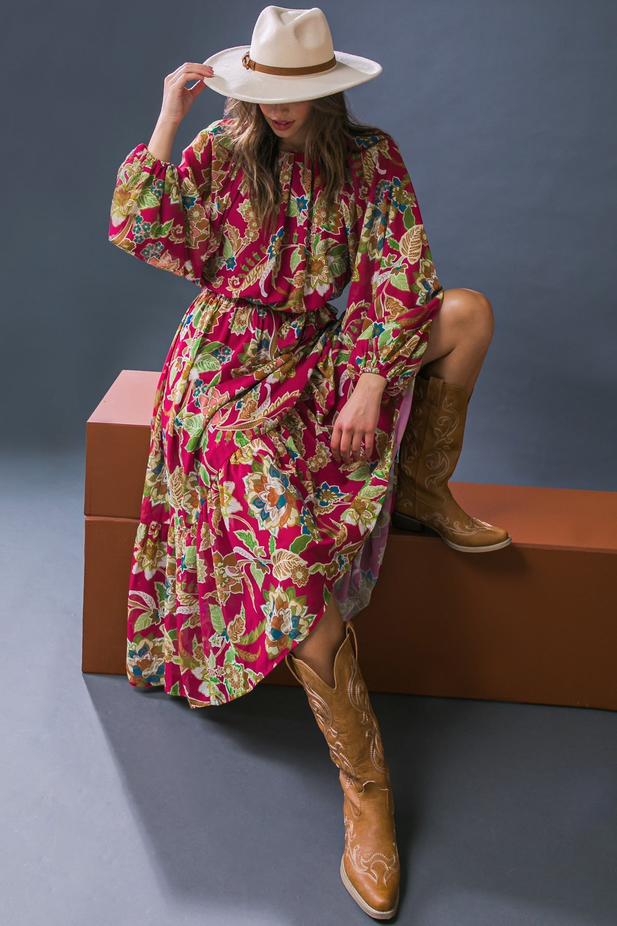FLORALLY CHIC WOVEN MIDI DRESS Flying Tomato