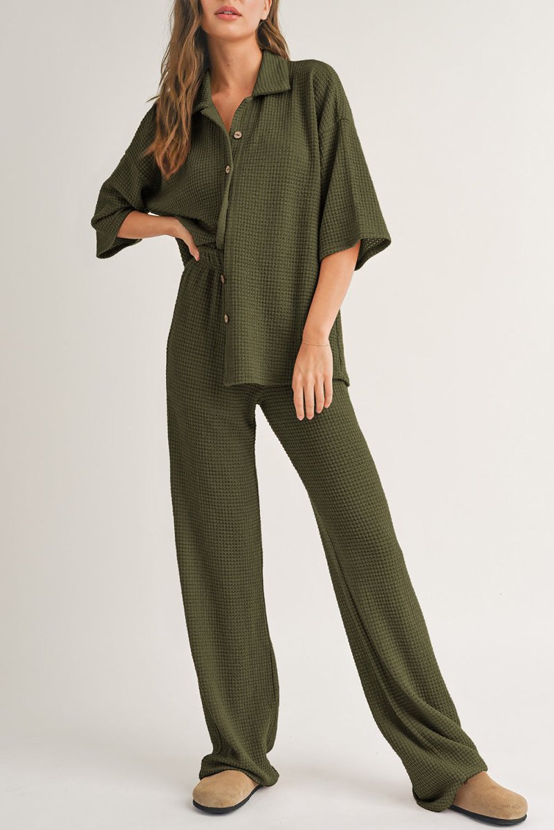 Four Leaf Clover Solid Color Textured Buttoned Shirt Set - Love Salve 