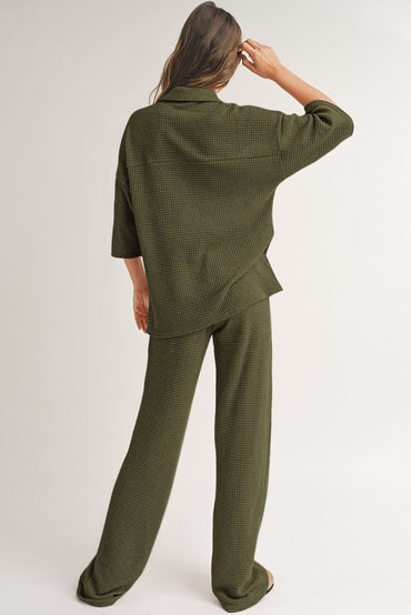 Four Leaf Clover Solid Color Textured Buttoned Shirt Set - Love Salve 