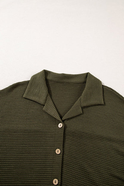 Four Leaf Clover Solid Color Textured Buttoned Shirt Set - Love Salve 