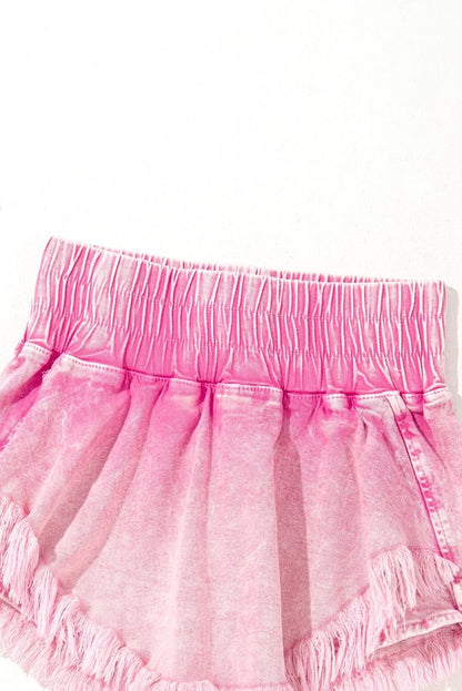 Frayed Pink Denim Shorts with Smocked Waistband - Love Salve 