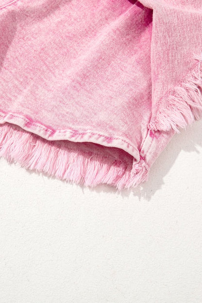 Frayed Pink Denim Shorts with Smocked Waistband - Love Salve 