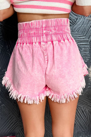 Frayed Pink Denim Shorts with Smocked Waistband - Love Salve 