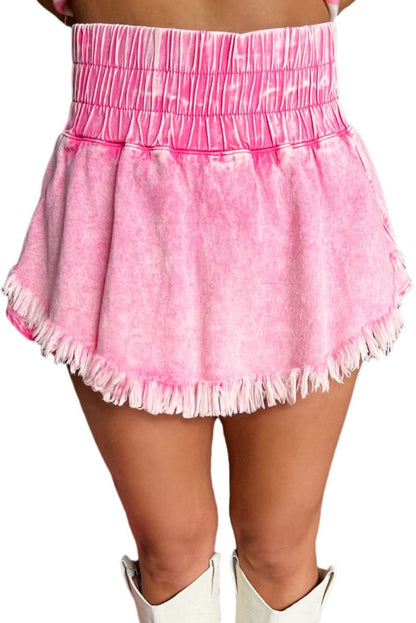 Frayed Pink Denim Shorts with Smocked Waistband - Love Salve 