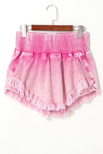 Frayed Pink Denim Shorts with Smocked Waistband - Love Salve 