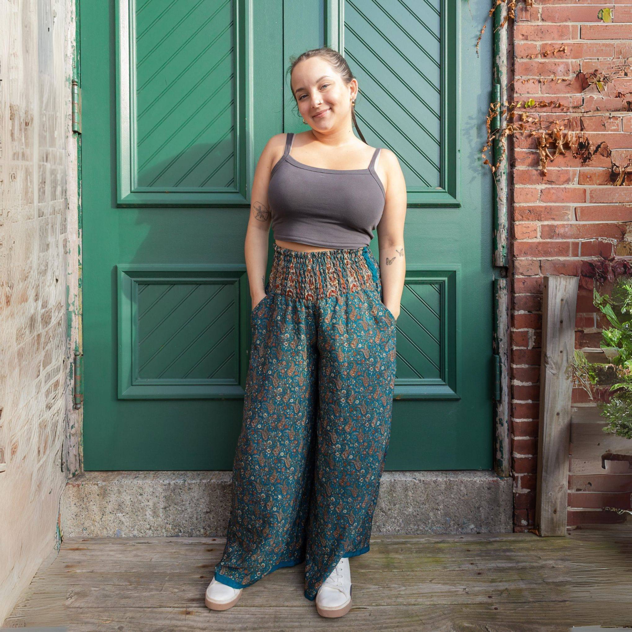 Free Spirit Wide Leg Palazzo Pants With Pockets Eco Friendly Upcycled Indian Saris Boho Trousers Darn Good Yarn