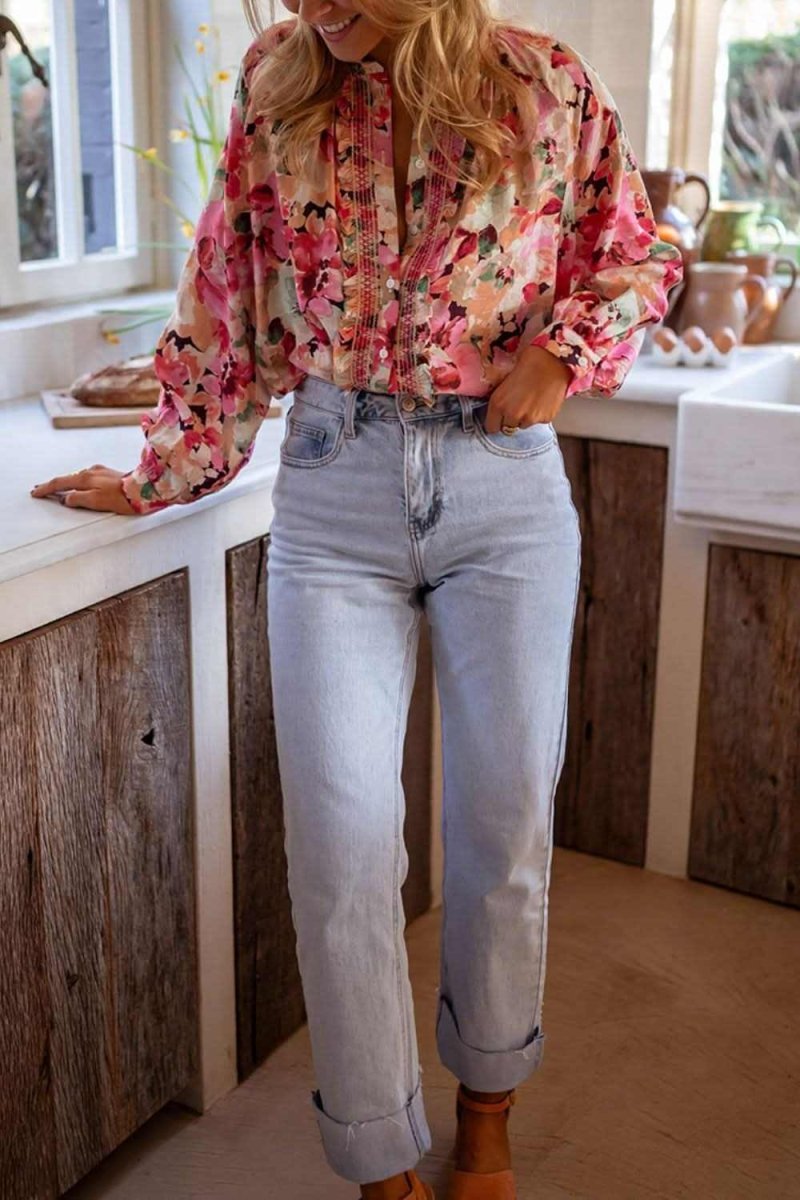 Frill Floral Button Down Long Sleeve Shirt - Love Salve 