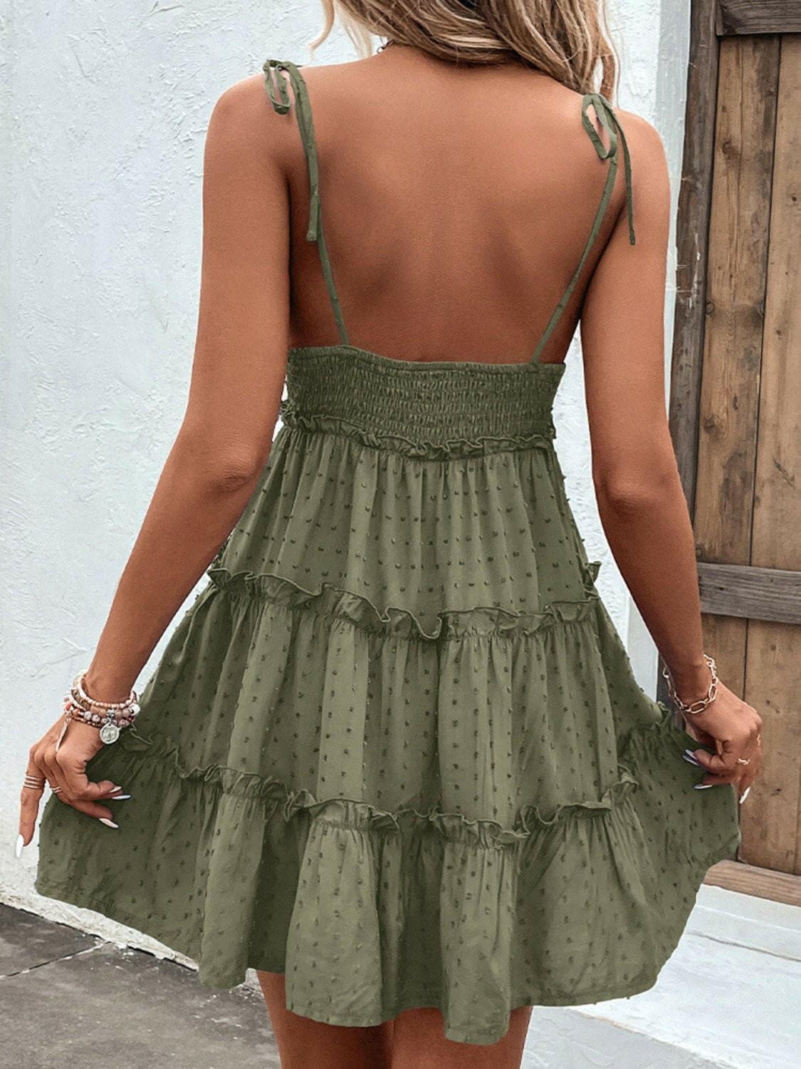 Elegant Tiered Spaghetti Strap Dress with Frill AccentsElegant Tiered Spaghetti Strap Dress with Frill Accents
 Step into sophistication with our Elegant Tiered Spaghetti Strap Dress, a blend of style and comfort that isLove Salve Elegant Tiered Spaghetti Strap DressColor