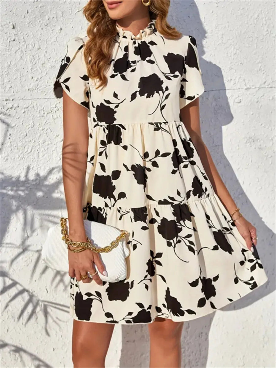 Frill Tiered Printed Short Sleeve Mini Dress for Women - Love Salve 