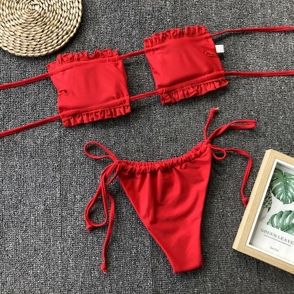 Frill Trim Ruched Bikini Set - Love Salve