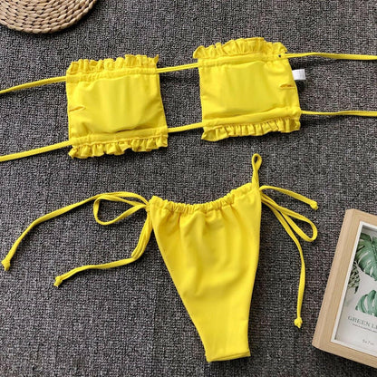 Frill Trim Ruched Bikini Set - Love Salve