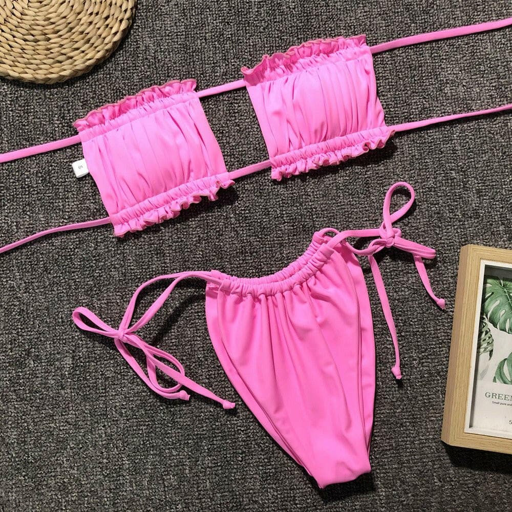 Frill Trim Ruched Bikini Set - Love Salve