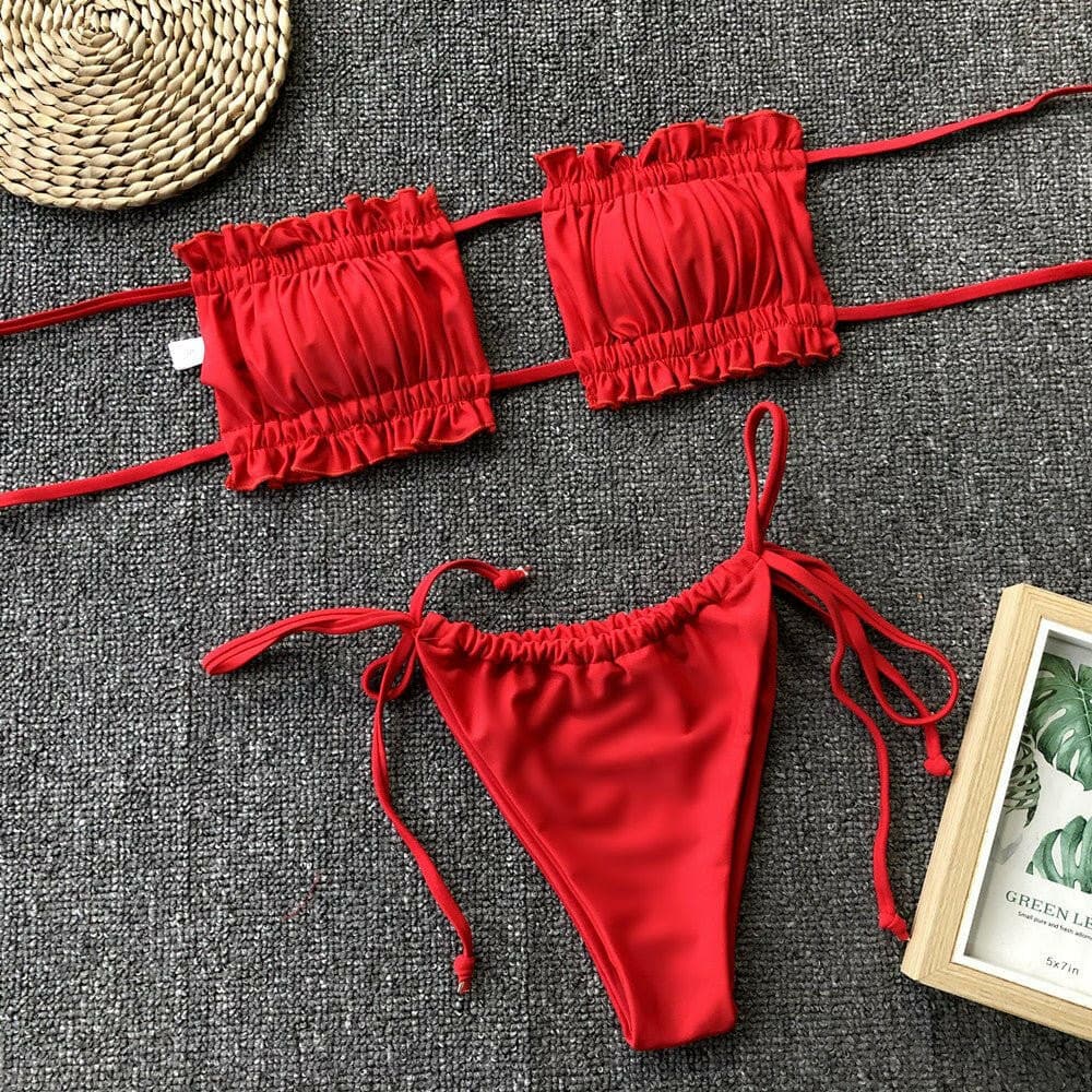 Frill Trim Ruched Bikini Set - Love Salve