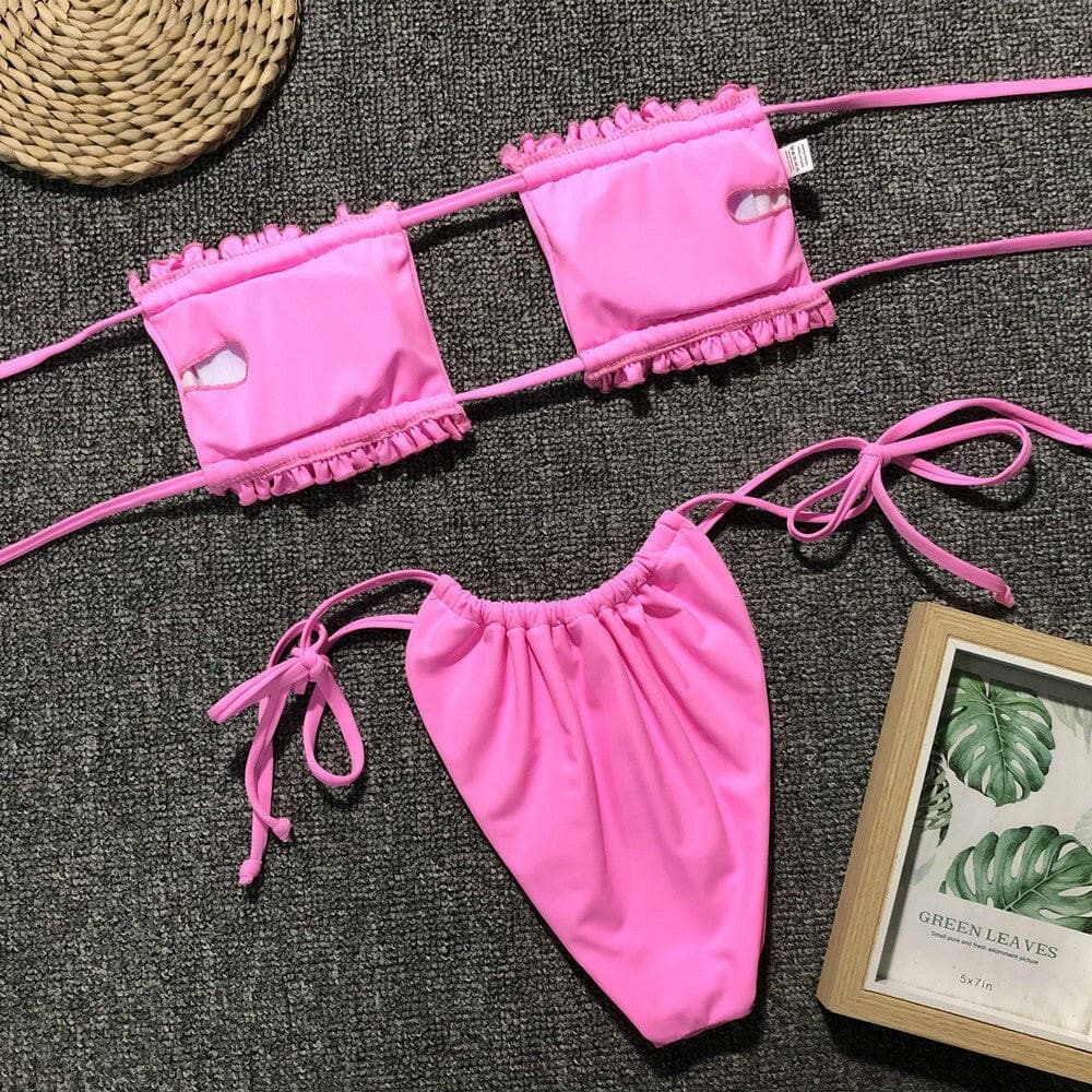 Frill Trim Ruched Bikini Set - Love Salve