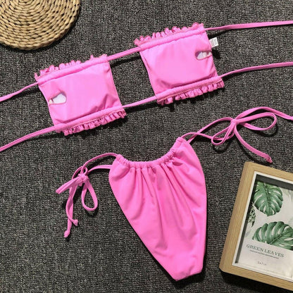 Frill Trim Ruched Bikini Set - Love Salve