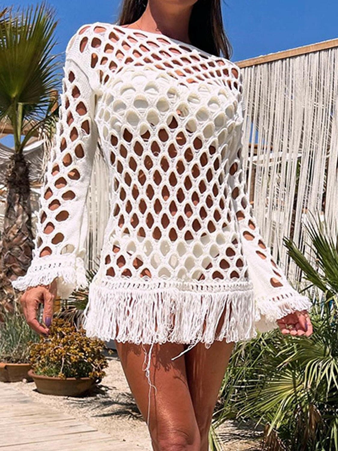 Fringe Cutout Long Sleeve Cover Up - Love Salve