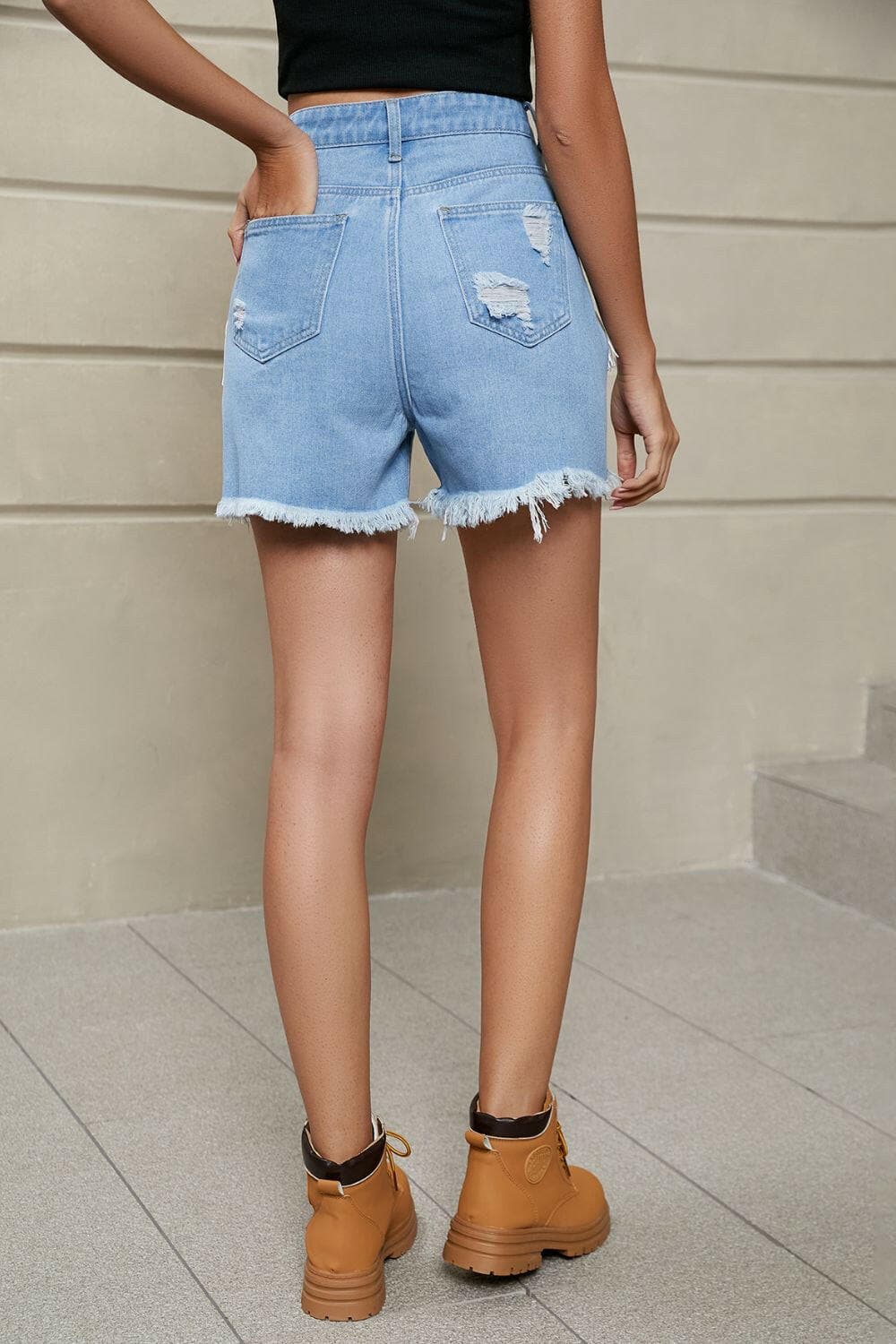 Fringe Trim Distressed Denim Shorts with Pockets - Love Salve