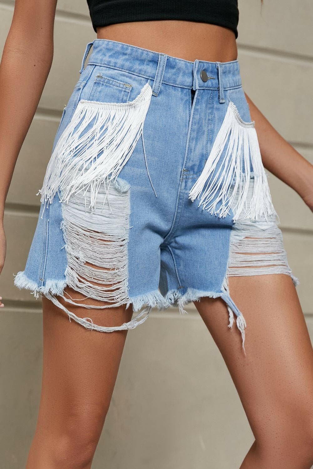 Fringe Trim Distressed Denim Shorts with Pockets - Love Salve