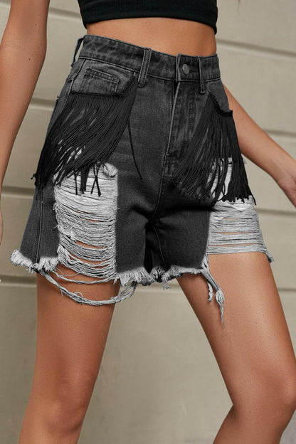 Fringe Trim Distressed Denim Shorts with Pockets - Love Salve