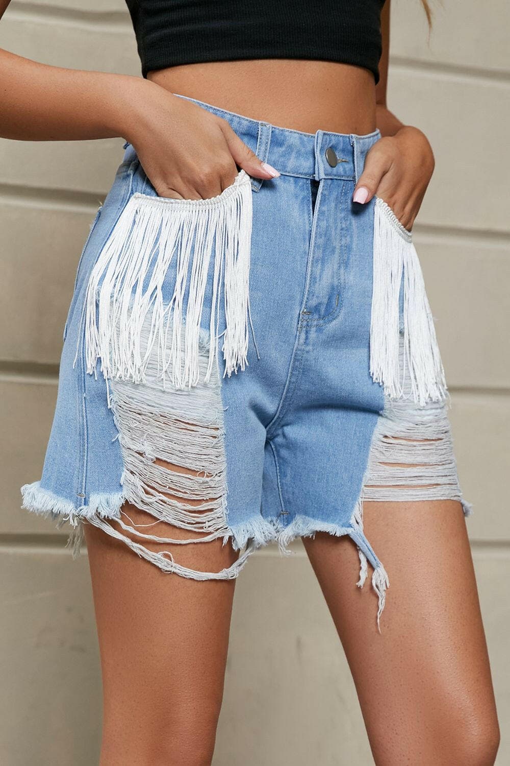 Fringe Trim Distressed Denim Shorts with Pockets - Love Salve