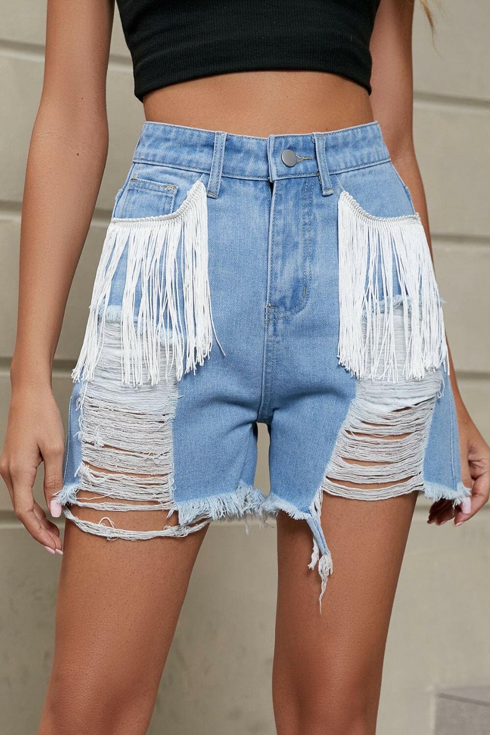 Fringe Trim Distressed Denim Shorts with Pockets - Love Salve