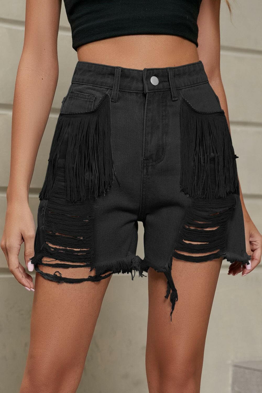 Fringe Trim Distressed Denim Shorts with Pockets - Love Salve