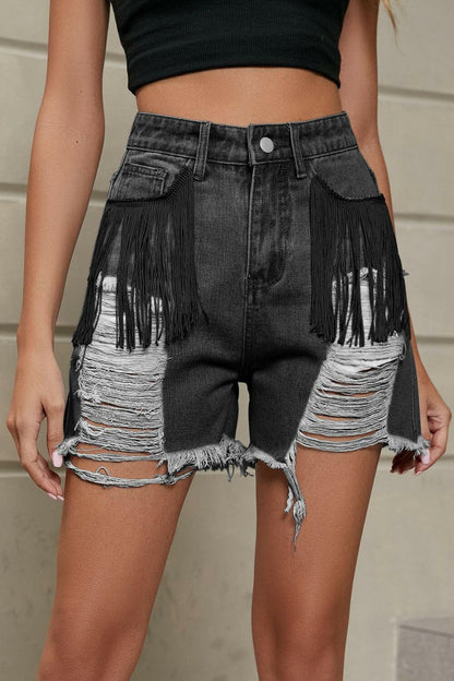 Fringe Trim Distressed Denim Shorts with Pockets - Love Salve