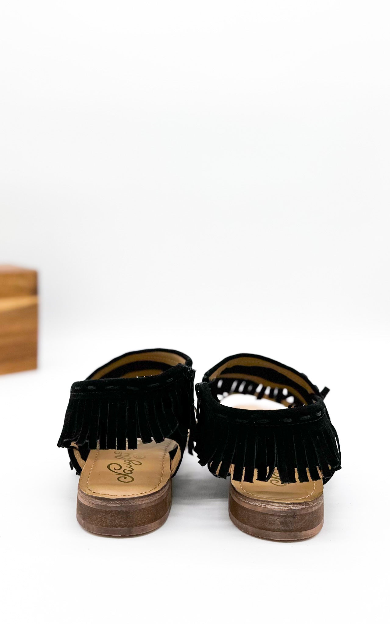 Fringe Star Sandals Black Faux Suede Boho Flat With Fringe Details