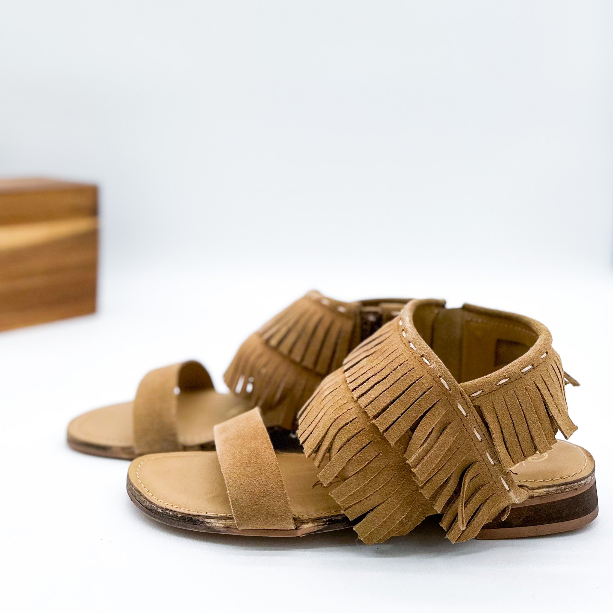 Fringe Star Sandal Tan Boho Faux Suede Side Zip Heel Naughty Monkey