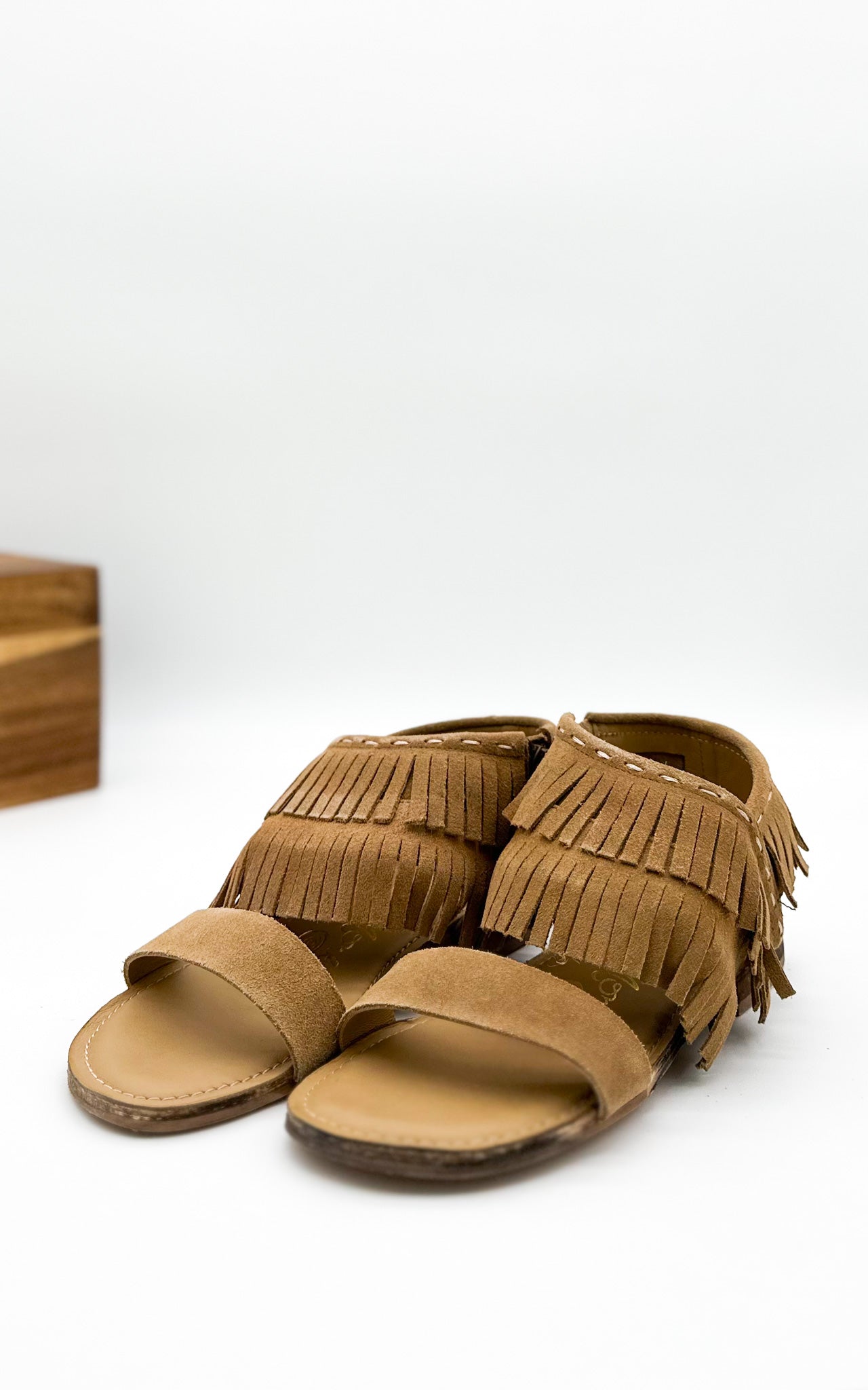Fringe Star Sandal Tan Boho Faux Suede Side Zip Heel Naughty Monkey