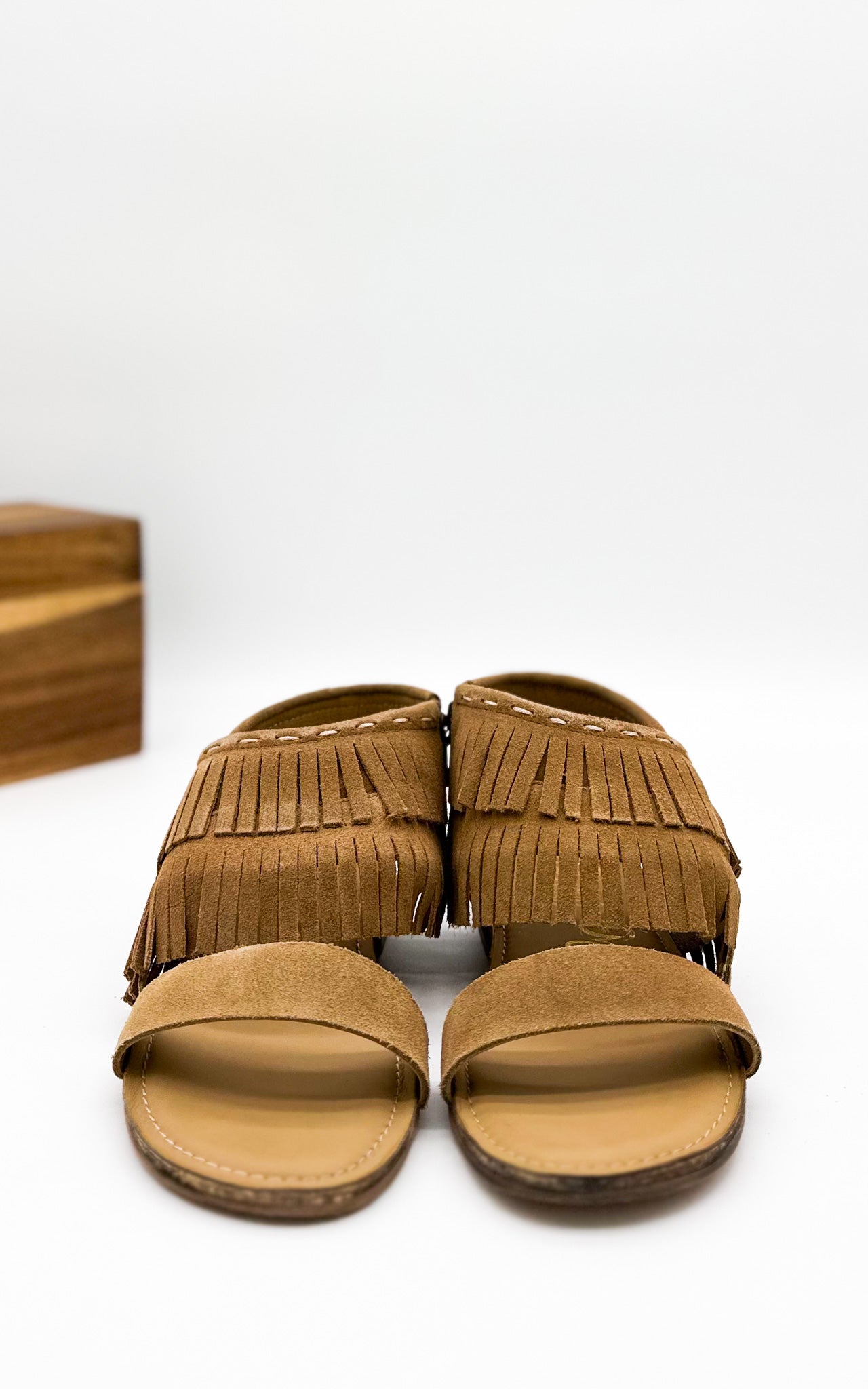 Fringe Star Sandal Tan Boho Faux Suede Side Zip Heel Naughty Monkey