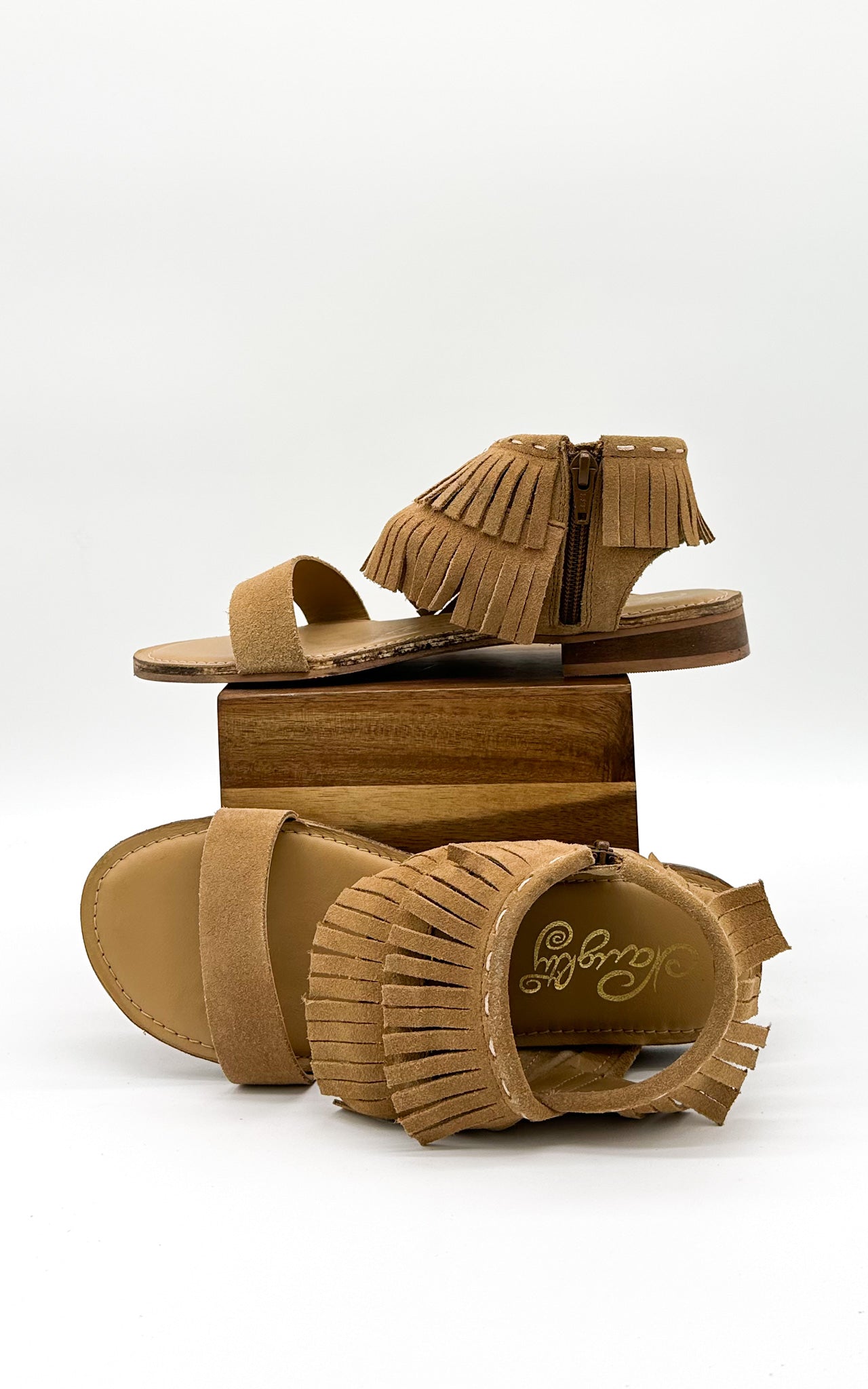 Fringe Star Sandal Tan Boho Faux Suede Side Zip Heel Naughty Monkey