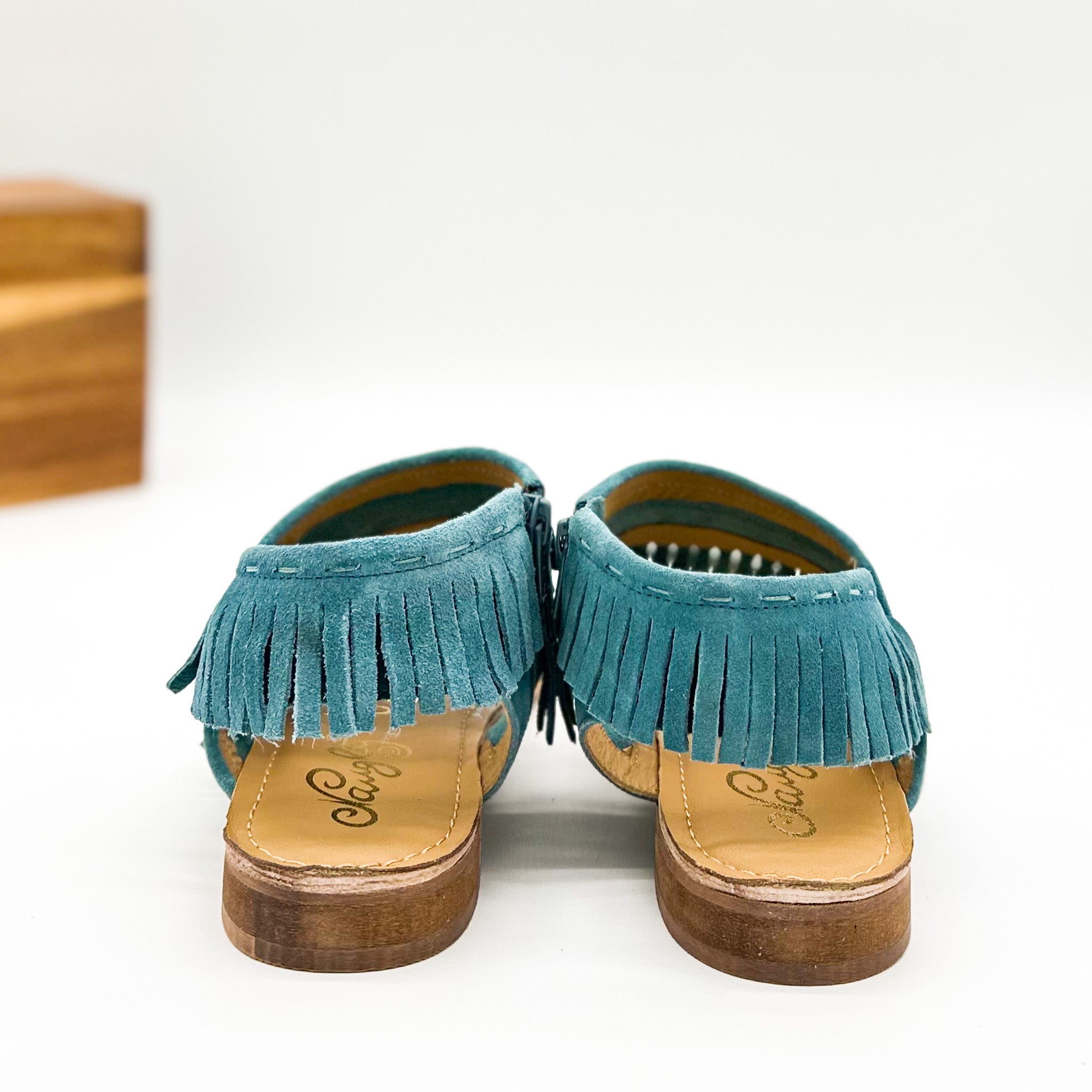 Fringe Star Sandal Teal Boho Chic Faux Suede Side Zip Naughty Monkey