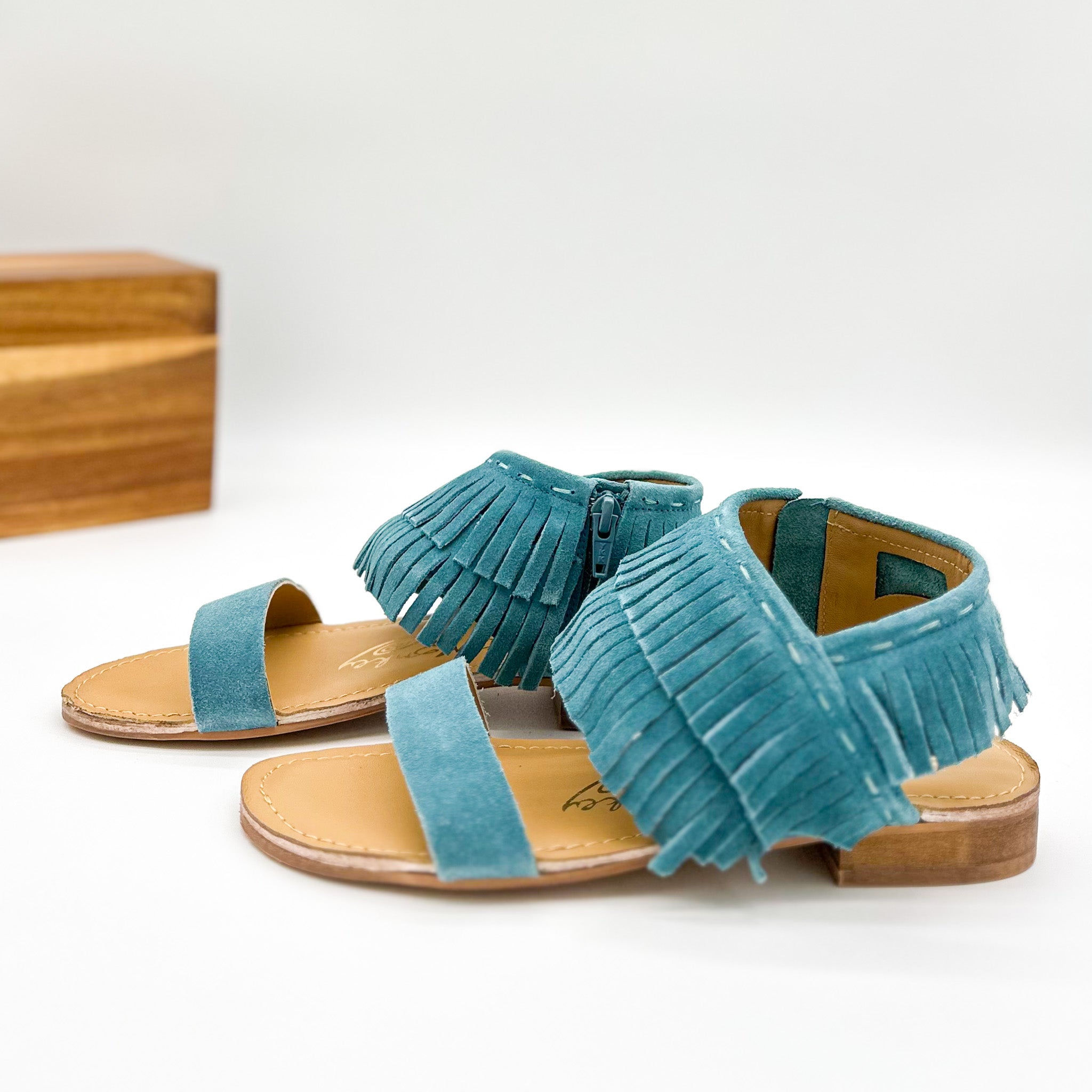 Fringe Star Sandal Teal Boho Chic Faux Suede Side Zip Naughty Monkey