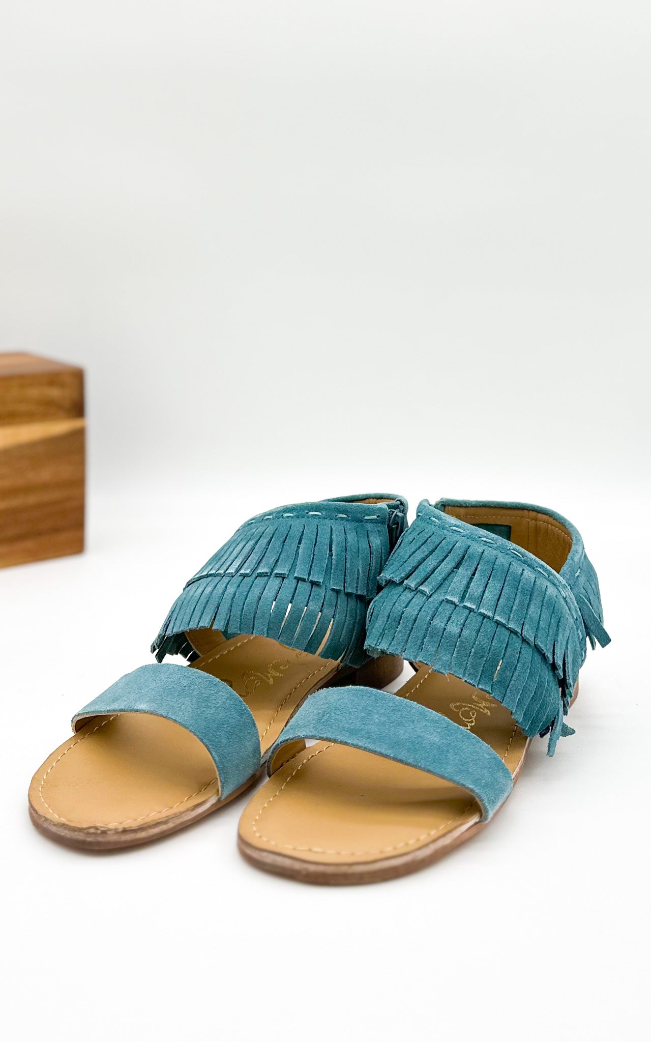 Fringe Star Sandal Teal Boho Chic Faux Suede Side Zip Naughty Monkey