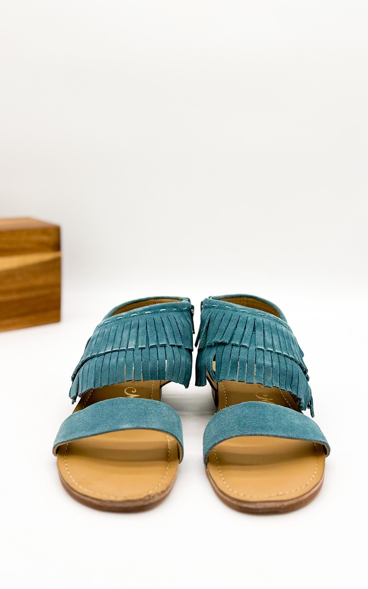 Fringe Star Sandal Teal Boho Chic Faux Suede Side Zip Naughty Monkey