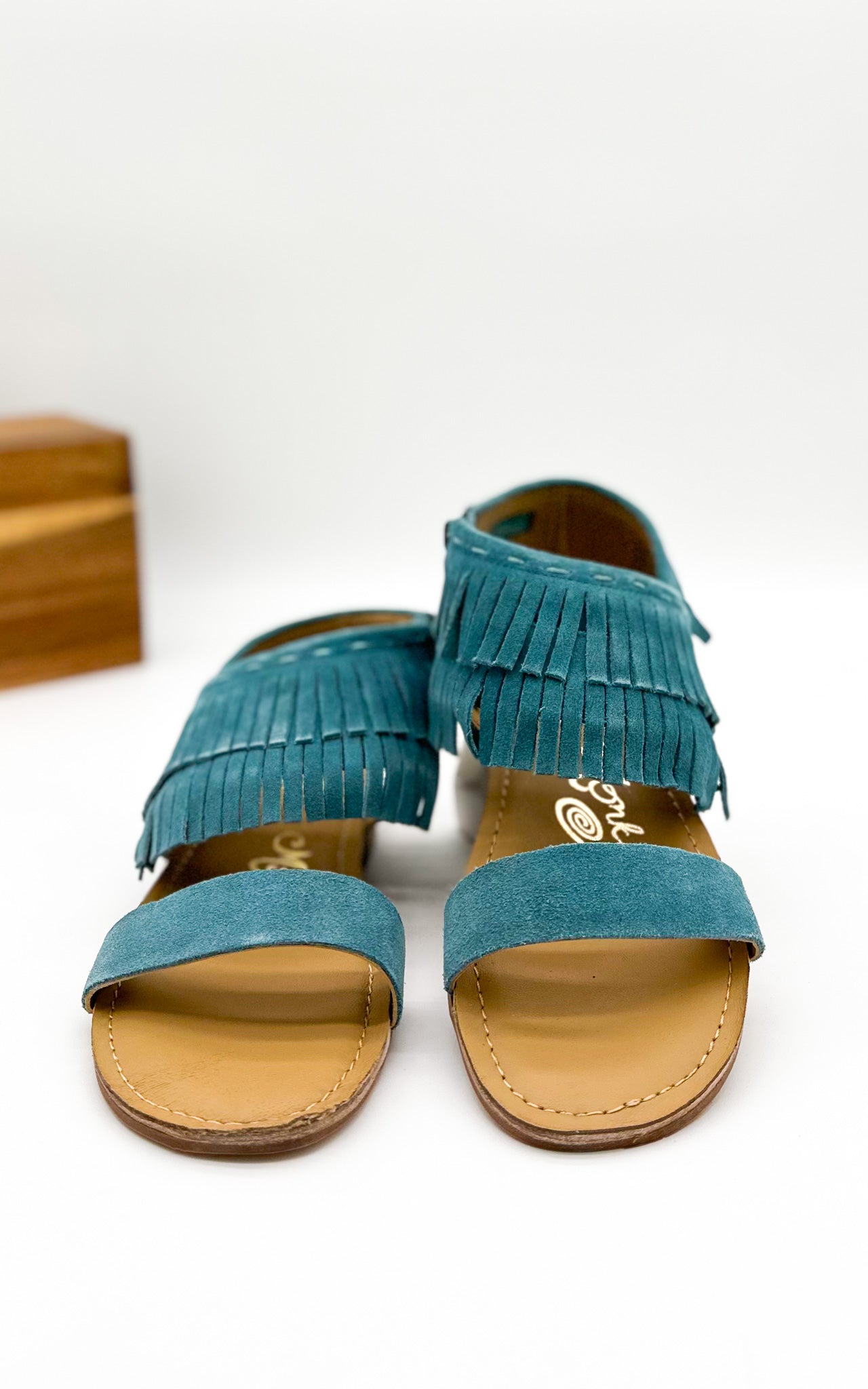 Fringe Star Sandal Teal Boho Chic Faux Suede Side Zip Naughty Monkey