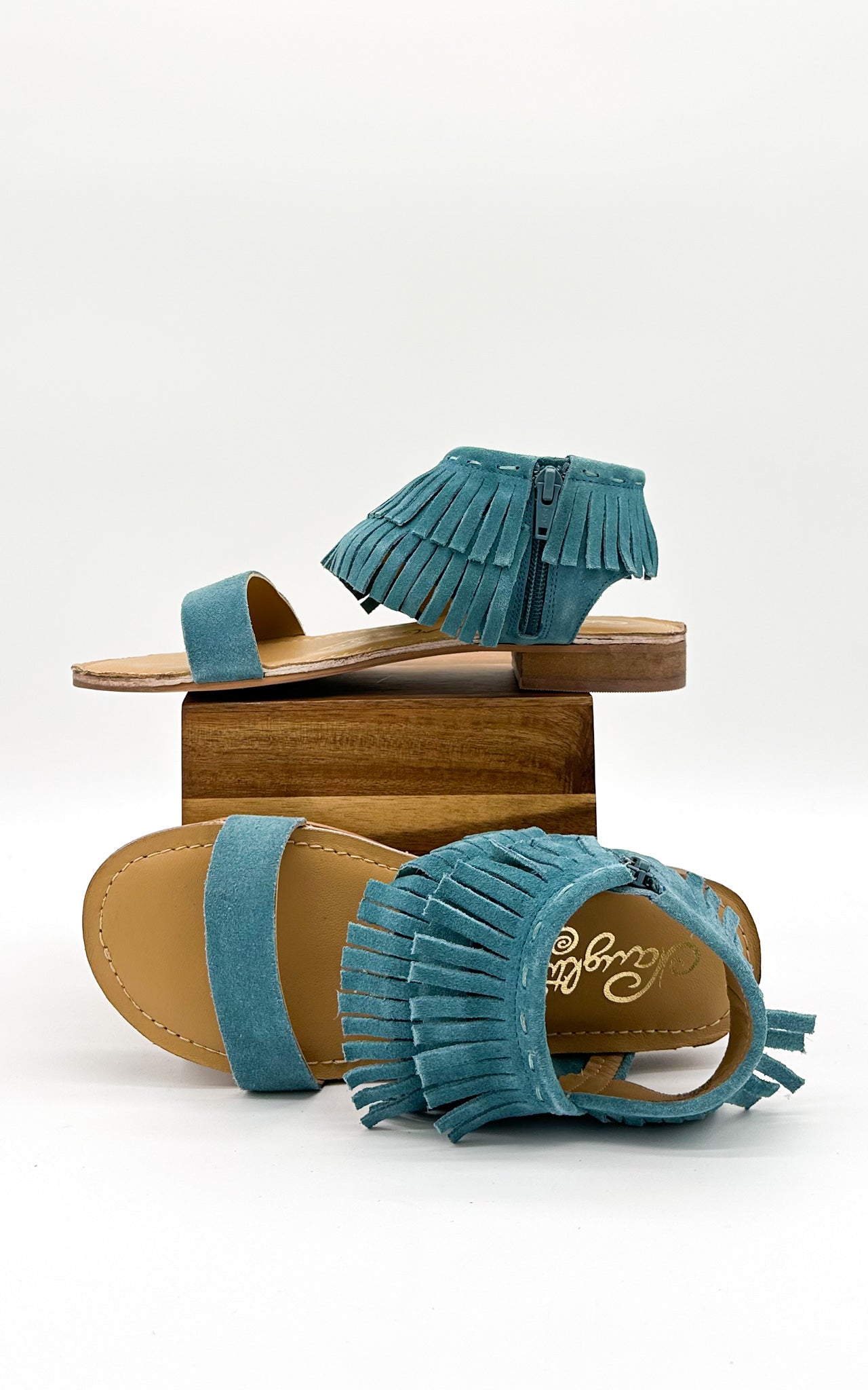 Fringe Star Sandal Teal Boho Chic Faux Suede Side Zip Naughty Monkey